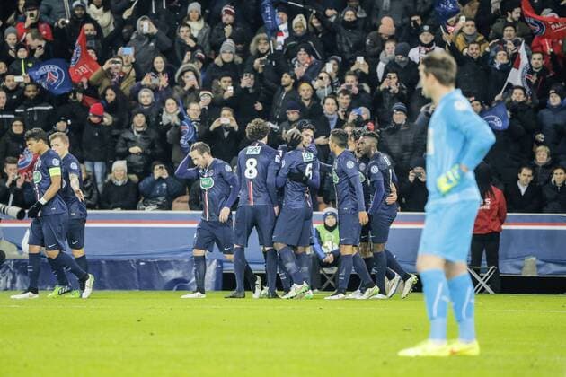 Aktuell Fußball, Frankreich, Coupe de France, Paris St. Germain - Girondins Bordeaux Javier Matias Pastore (psg) but et joie avec Ezequiel Ivan Lavezzi (psg) (Pocho) et Edinson Roberto Paulo Cavani Gomez (psg) (El Matador) (El Botija) (Florestan), Zoumana Camara (psg), Adrien Rabiot (psg) Paris St. Germain (PSG) - Girondins Bordeaux Coupe de France - 21 01 2015 StephaneAllamanx 