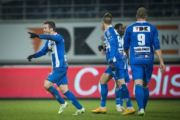 - GENT, BELGIUM: Gent s Brecht Dejaegere (L) celebrates after scoring during a soccer game between KAA Gent and Sporting Lokeren, the return match in the 1 4th final of the Cofidis Cup, Wednesday 21 January 2015 in Gent. JASPERxJACOBS x04551673x
