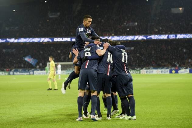 Aktuell Fußball, Frankreich, Coupe de France, Paris St. Germain - Girondins Bordeaux joie de Javier Pastore (PSG) apres son but joie des joueurs parisiens Marquinhos (PSG) Paris St. Germain (PSG) - Girondins Bordeaux Coupe de France - 21 01 2015 JBAutissierx 