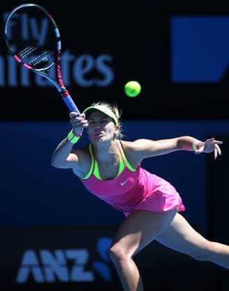 (150123) -- MELBOURNE, Jan. 23, 2015 -- Eugenie Bouchard of Canada returns the ball during the third round match of women s singles at the 2015 Australian Open tennis tournament in Melbourne, Australia, Jan. 23, 2015. 