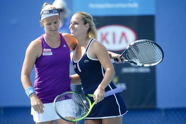 - MELBOURNE, AUSTRALIA: Belgian Kirsten Flipkens and Slovakian Dominika Cibulkova pictured during a doubles tennis game , in the third round of the women s doubles at the Australian Open Grand Slam tournament, Friday 23 January 2015 in Melbourne Park, Melbourne, Australia. PATRICKxHAMILTON  x04552515x
