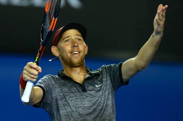 Dudi Sela of Israel prepares to return a shot - third round match of 2015 Australian Open tennis tournament in Melbourne. 23 January 2015.  20150123_11672