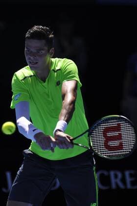 24.01.2015 Australian Open Tennis from Melbourne Park. Milos Raonic of Canada returns a shot in his match against Benjamin Becker of Germany on day six of the 2015 Australian Open at Melbourne Park, Melbourne, Australia. xEssixLimx  ActionPlus11591819