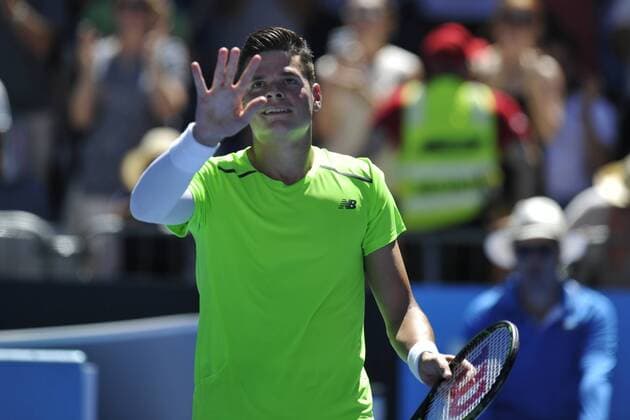 24.01.2015 Australian Open Tennis from Melbourne Park. Milos Raonic of Canada celebrates after winning his match against Benjamin Becker of Germany on day six of the 2015 Australian Open at Melbourne Park, Melbourne, Australia. xEssixLimx  ActionPlus11591822