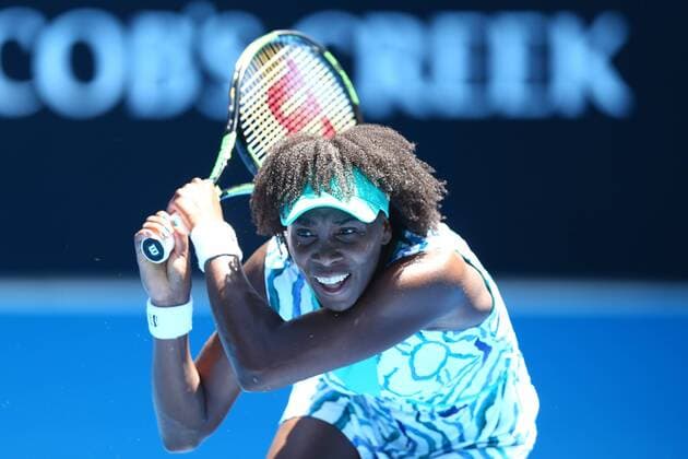 MELBOURNE, AUSTRALIA - JANUARY 24: (CHINA OUT) Venus Williams of the United States in action in her third round match against Camila Giorgi of Italy during day six of the 2015 Australian Open at Melbourne Park on January 24, 2015 in Melbourne, Australia.  CFP462231925 