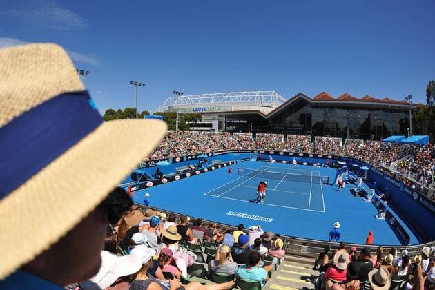 Margaret Court Arena with the Rod Laver Arena behind TENNIS : Australian Open - Melbourne - 24 01 2015 TennisMagazine Panoramlc 