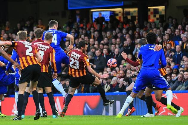 Chelsea s Gary Cahill scoring his sides opening goal FA Cup Fourth Round - Chelsea vs Bradford City - Stamford Bridge - England - 24th January 2015 - Picture David Klein Sportimage EDITORIAL USE ONLY. No use with unauthorised audio, video, data, fixture lists, club league logos or live services. Online in-match use limited to 120 images, no video emulation. No use in betting, games or single club league player publications.