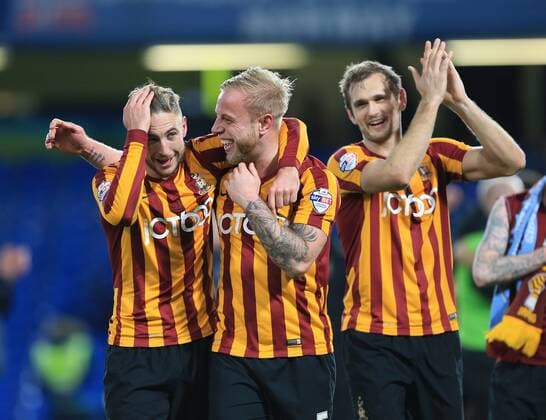 Bradford s Gary Liddle celebrates with Andrew Davies at the final whistle FA Cup Fourth Round - Chelsea vs Bradford City - Stamford Bridge - England - 24th January 2015 - Picture David Klein Sportimage EDITORIAL USE ONLY. No use with unauthorised audio, video, data, fixture lists, club league logos or live services. Online in-match use limited to 120 images, no video emulation. No use in betting, games or single club league player publications.