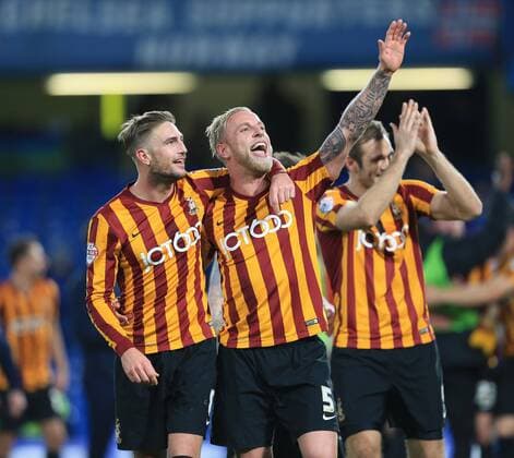 Bradford s Gary Liddle celebrates with Andrew Davies at the final whistle FA Cup Fourth Round - Chelsea vs Bradford City - Stamford Bridge - England - 24th January 2015 - Picture David Klein Sportimage EDITORIAL USE ONLY. No use with unauthorised audio, video, data, fixture lists, club league logos or live services. Online in-match use limited to 120 images, no video emulation. No use in betting, games or single club league player publications.