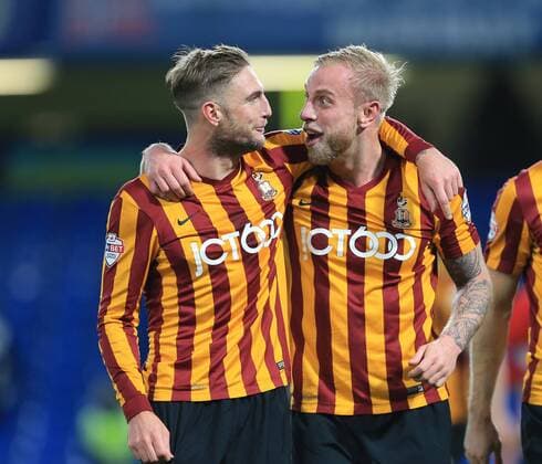 Bradford s Gary Liddle celebrates with Andrew Davies at the final whistle FA Cup Fourth Round - Chelsea vs Bradford City - Stamford Bridge - England - 24th January 2015 - Picture David Klein Sportimage EDITORIAL USE ONLY. No use with unauthorised audio, video, data, fixture lists, club league logos or live services. Online in-match use limited to 120 images, no video emulation. No use in betting, games or single club league player publications.
