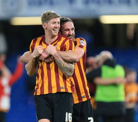 Bradford s Rory McArdle and Jon Stead celebrate at the final whistle FA Cup Fourth Round - Chelsea vs Bradford City - Stamford Bridge - England - 24th January 2015 - Picture David Klein Sportimage EDITORIAL USE ONLY. No use with unauthorised audio, video, data, fixture lists, club league logos or live services. Online in-match use limited to 120 images, no video emulation. No use in betting, games or single club league player publications.