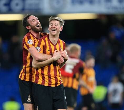 Bradford s Rory McArdle and Jon Stead celebrate at the final whistle FA Cup Fourth Round - Chelsea vs Bradford City - Stamford Bridge - England - 24th January 2015 - Picture David Klein Sportimage EDITORIAL USE ONLY. No use with unauthorised audio, video, data, fixture lists, club league logos or live services. Online in-match use limited to 120 images, no video emulation. No use in betting, games or single club league player publications.