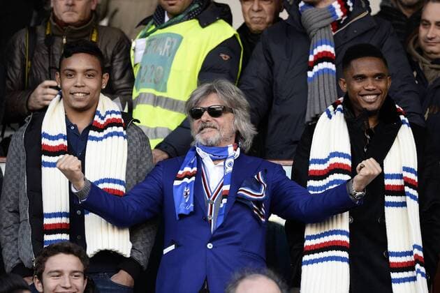 Db Genova 25 01 2015 - campionato di calcio serie A Sampdoria Genua vs US Palermo: Massimo Ferrero-Samuel Eto o-Luis Muriel 