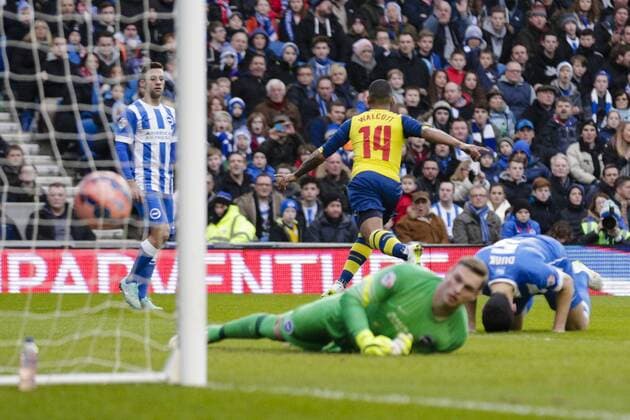 25.01.2015. Brighton, England. FA Cup 4th Round. Brighton versus Arsenal. Arsenal& x2019;s Theo Walcott wheels away to celebrate scoring the opening goal as Brighton &amp; Hove Albion s goalkeeper David Stockdale can only look back in anguish xCraigxMercerx  ActionPlus11592455