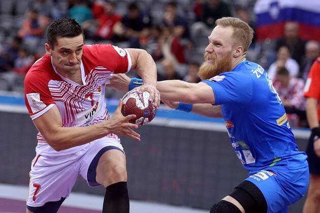 24th World Handball Championship, 5th Round, eighth-finals, Slovenia - Macedonia 25.01.2015., Ali Bin Hamad Al Attiya Arena, Al Sadd, Doha, Qatar - 24th World Handball Championship, eighth-finals, Slovenia - Macedonia. Kiril Lazarov, Miha Zvizej. GoranxStanzl PIXSELL