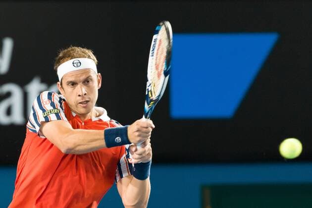 January 26, 2015: Gilles Müller (LUX) in action in a 4th round match on day eight of the 2015 Australian Open grand slam tennis tournament at Melbourne Park in Melbourne, Australia. . Tennis 2015: Australian Open JAN 26 - ZUMAc04_