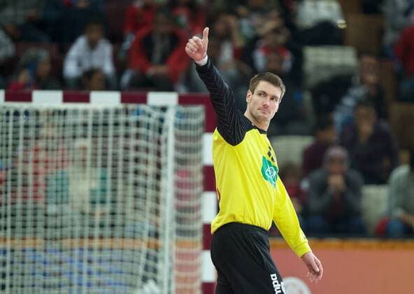 Handball Doha 26.01.2015 Weltmeisterschaften WM der Herren Männer Achtelfinale Deutschland (GER) - Ägypten (EGY) Carsten Lichtlein (Deutschland, TW, No.16) Jubel