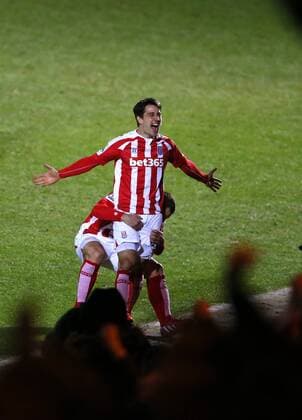 Bojan Krkic of Stoke City leaps up to celebrate in front of his fans after scoring the first goal - FA Cup Fourth Round - Rochdale vs Stoke City - Spotland Stadium - Rochdale - Manchester - England - 26th January 2015 - Picture Simon Bellis Sportimage EDITORIAL USE ONLY. No use with unauthorised audio, video, data, fixture lists, club league logos or live services. Online in-match use limited to 120 images, no video emulation. No use in betting, games or single club league player publications.