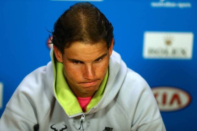 Rafael Nadal of Spain reacts during a press conference PK Pressekonferenz after losing in the men s singles quarterfinal match of the 2015 Australian Open tennis tournament in Melbourne, Victoria, Australia, 27 January 2015.  20150127_62245