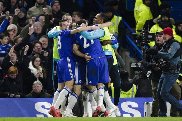 Aktuell FuÃŸball, England, League Cup, Halbfinale, FC Chelsea - FC Liverpool 27.01.2015. London, England. Capital One Cup Semi-Final 2nd leg. Chelsea versus Liverpool. Chelsea players celebrate their goal xCraigxMercerx  ActionPlus11593043