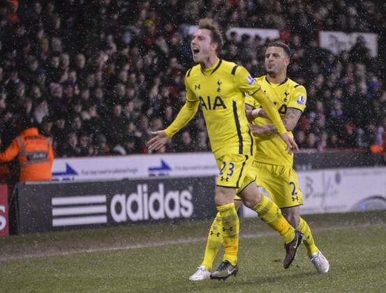 28.01.2015. Sheffield, England. Capital One Cup Semi Final 2nd Leg. Sheffield United versus Tottenham Hotspur. Christian Eriksen (23) of Tottenham Hotspur celebrates after scoring from a free kick and putting Tottenham Hotspur ahead. xAndyxThompsonx  ActionPlus11593238