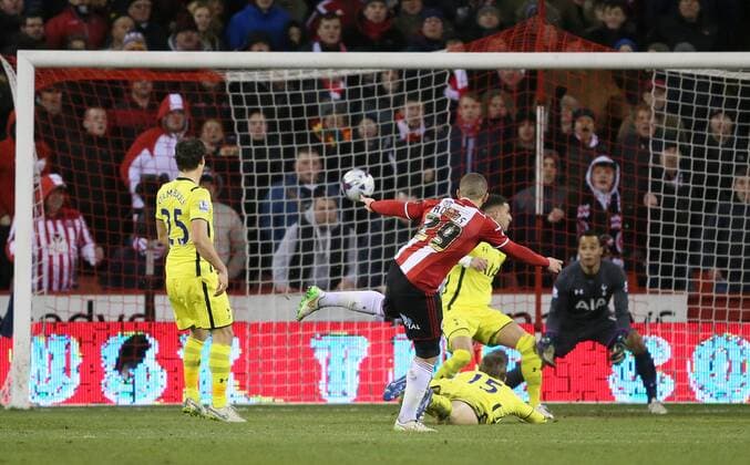Che Adams of Sheffield Utd scores their second goal to make the score 2-1 on the night - League Cup Semi Final Second Leg - Sheffield Utd vs Tottenham - Bramall Lane Stadium - Sheffield - England - 28th January 2015 - Picture Simon Bellis Sportimage EDITORIAL USE ONLY. No use with unauthorised audio, video, data, fixture lists, club league logos or live services. Online in-match use limited to 120 images, no video emulation. No use in betting, games or single club league player publications.