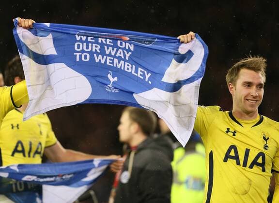 Christian Eriksen of Tottenham with on the way to Wembley flag - League Cup Semi Final Second Leg - Sheffield Utd vs Tottenham - Bramall Lane Stadium - Sheffield - England - 28th January 2015 - Picture Simon Bellis Sportimage EDITORIAL USE ONLY. No use with unauthorised audio, video, data, fixture lists, club league logos or live services. Online in-match use limited to 120 images, no video emulation. No use in betting, games or single club league player publications.