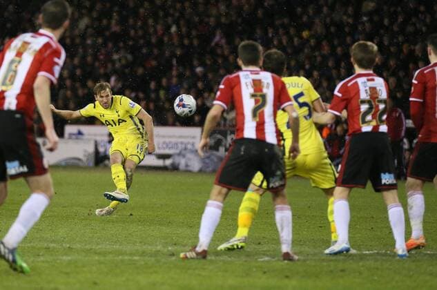 Harry Kane of Tottenham takes a free kick - League Cup Semi Final Second Leg - Sheffield Utd vs Tottenham - Bramall Lane Stadium - Sheffield - England - 28th January 2015 - Picture Simon Bellis Sportimage EDITORIAL USE ONLY. No use with unauthorised audio, video, data, fixture lists, club league logos or live services. Online in-match use limited to 120 images, no video emulation. No use in betting, games or single club league player publications.