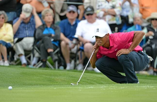 Tiger Woods looks at the line of his putt on the second hole of the Waste Management Phoenix Open at the Fairmont Scottsdale Princes golf course in Scottsdale, Arizona January 29, 2015.  PXP2015012906 ARTxFOXALL