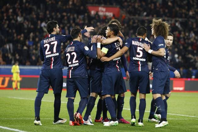 joie Ezequiel Lavezzi (PSG) et equipe FOOTBALL : Paris Saint Germain vs Rennes - Ligue 1 - 30 01 2015 GwendolineLeGoff Panoramic 