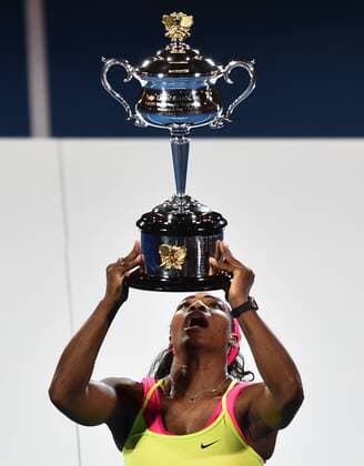 Jan. 31, 2015 - Melbourne, VICTORIA, AUSTRALIA - United States Serena Williams holds the winners trophy after her women s final match on day 13 of the Australian Open tennis on Rod Laver Arena in Melbourne, Australia Tennis 2015 - Australian Open - - ZUMAk106