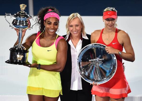 Jan. 31, 2015 - Melbourne, VICTORIA, AUSTRALIA - United States Serena Williams (L), Marina Navratilova (C) and Russia s Maria Sharapova (R) pose for a photo after their women s final match on day 13 of the Australian Open tennis on Rod Laver Arena in Melbourne, Australia Tennis 2015 - Australian Open - - ZUMAk106