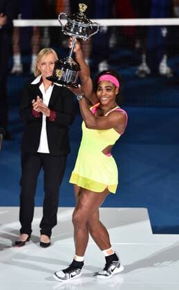 Jan. 31, 2015 - Melbourne, VICTORIA, AUSTRALIA - United States Serena Williams holds the winners trophy after her women s final match on day 13 of the Australian Open tennis on Rod Laver Arena in Melbourne, Australia Tennis 2015 - Australian Open - - ZUMAk106