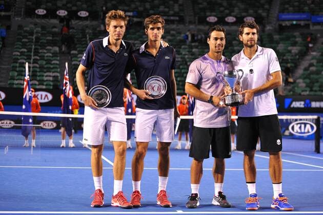 Nicolas Mahut (FRA) Pierre Hugues Herbert (FRA) Fabio Fognini (ITA) Simone Bolelli (ITA) TENNIS : Australian Open 2015, Melbourne - Finale Doppel Herren - 31 01 2015 TennisMagazine Panoramlc 