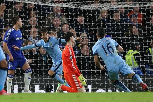 Manchester City s David Silva celebrates scoring his sides opening goal Barclays Premier League - Chelsea FC London - Manchester City - Stamford Bridge - England - 31st January 2015 - EDITORIAL USE ONLY. No use with unauthorised audio, video, data, fixture lists, club league logos or live services. Online in-match use limited to 120 images, no video emulation. No use in betting, games or single club league player publications.