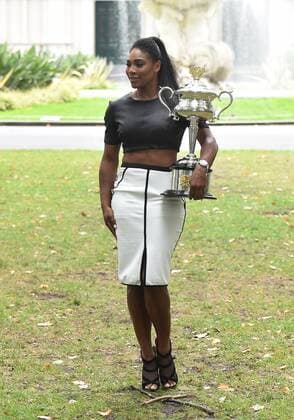 Feb. 1, 2015 - Melbourne, VICTORIA, AUSTRALIA - Serena Williams of the United States poses with the trophy during the post match trophy shoot on day 14 of the Australian Open tennis at the Exhibition Buildings in Melbourne, Australia Tennis 2015 - Australian Open - Day 14 - ZUMAk106