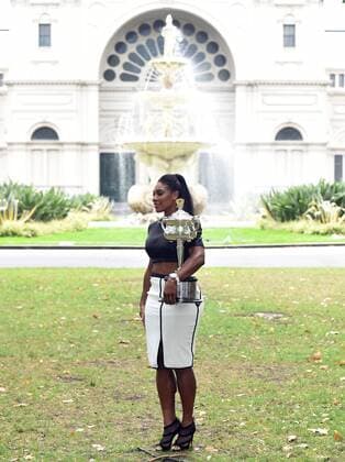 Feb. 1, 2015 - Melbourne, VICTORIA, AUSTRALIA - Serena Williams of the United States poses with the trophy during the post match trophy shoot on day 14 of the Australian Open tennis at the Exhibition Buildings in Melbourne, Australia Tennis 2015 - Australian Open - Day 14 - ZUMAk106