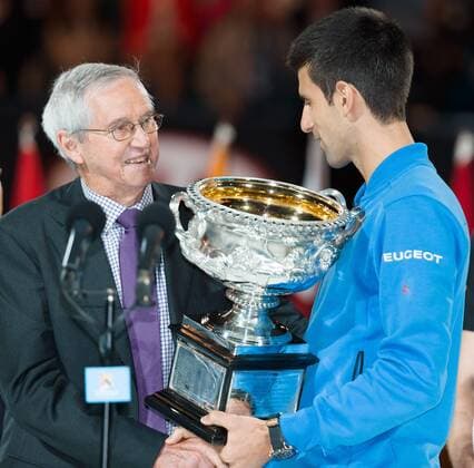 February 1, 2015: Roy Emerson presents the trophy to 1st seed Novak Djokovic (SRB) for winning the Men s Final match on day fourteen of the 2015 Australian Open grand slam tennis tournament at Melbourne Park in Melbourne, Australia. - ZUMAc04_
