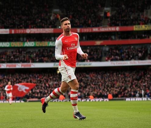 Aktuell Fußball, England, Premier League, FC Arsenal - Aston Villa Arsenal s Olivier Giroud celebrates scoring his sides opening goal Barclays Premier League - Arsenal vs Aston Villa - Emirates Stadium - England - 1st February 2015 - Picture David Klein Sportimage EDITORIAL USE ONLY. No use with unauthorised audio, video, data, fixture lists, club league logos or live services. Online in-match use limited to 120 images, no video emulation. No use in betting, games or single club league player publications.