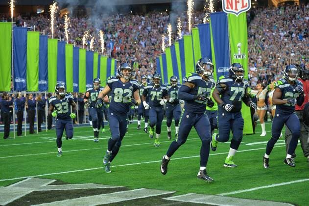 Seattle Seahawks take the field to play the New England Patriots in Super Bowl XLIX at University of Phoenix Stadium in Glendale, Arizona, February 1, 2015.  SBP20150201033 KEVINxDIETSCH