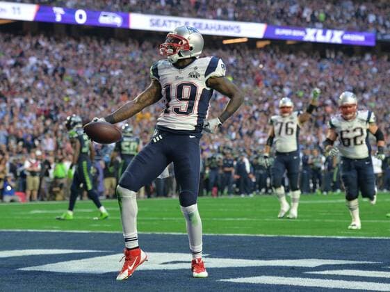 New England Patriots wide receiver Brandon LaFell (19) ceebrates after catching an 11-yard touchdown pass against the Seattle Seahawks in the second quarter of Super Bowl XLIX at University of Phoenix Stadium in Glendale, Arizona, February 1, 2015.  SBP20150201045 KEVINxDIETSCH