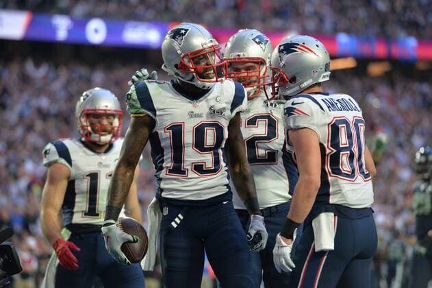New England Patriots wide receiver Brandon LaFell (19) ceebrates after catching an 11-yard touchdown pass against the Seattle Seahawks in the second quarter of Super Bowl XLIX at University of Phoenix Stadium in Glendale, Arizona, February 1, 2015.  SBP20150201046 KEVINxDIETSCH