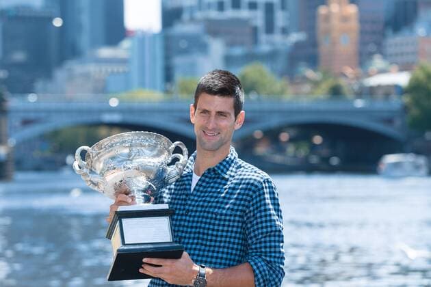 February 1, 2015: Novak Djokovic at his trophy photo session on the banks of the Yarra River in Melbourne after winning the 2015 Australian Open grand slam tennis tournament at Melbourne Park in Melbourne, Australia. Sydney Low Cal Media. Djokovic won 7-6(5) 6-7(4) 6-3 6-0 Tennis 2015: Australian Open Trophy Photo FEB 2 - ZUMAc04_