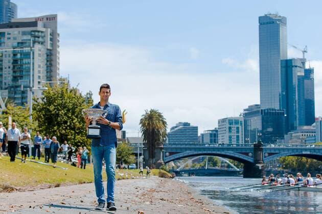 February 1, 2015: Novak Djokovic at his trophy photo session on the banks of the Yarra River in Melbourne after winning the 2015 Australian Open grand slam tennis tournament at Melbourne Park in Melbourne, Australia. Sydney Low Cal Media. Djokovic won 7-6(5) 6-7(4) 6-3 6-0 Tennis 2015: Australian Open Trophy Photo FEB 2 - ZUMAc04_