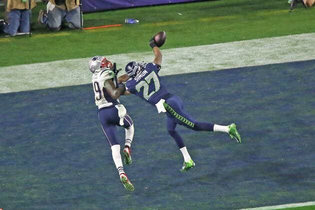 Tharold Simon (Seahawks, 27) wehrt den Pass auf WR Brandon LaFell (Patriots, 19) ab - Super Bowl XLIX, Seattle Seahawks vs. New England Patriots, University of Phoenix Stadium, Phoenix