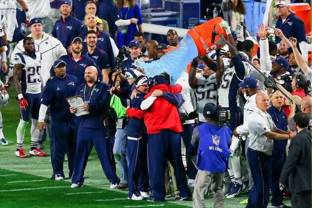 01 FEB 2015: New England Patriots Head coach Bill Belichick gets a gatorade bath after the New England Patriots defeat the Seattle Seahawks 28-24 in Super Bowl XLIX at University of Phoenix Stadium in Glendale Arizona. NFL American Football Herren USA FEB 01 Super Bowl XLIX - Patriots v Seahawks Icon020115045 EDITORIAL USE ONLY