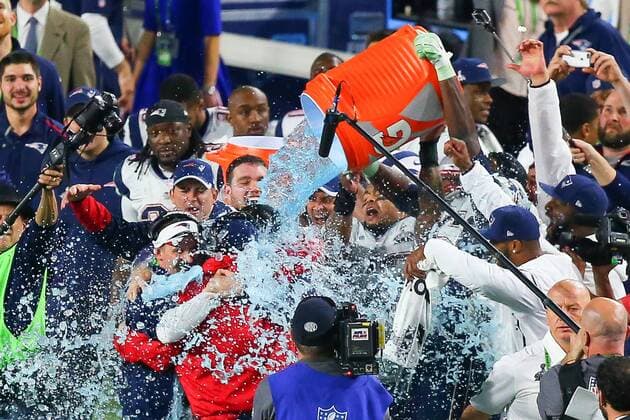 01 FEB 2015: New England Patriots Head coach Bill Belichick gets a gatorade bath after the New England Patriots defeat the Seattle Seahawks 28-24 in Super Bowl XLIX at University of Phoenix Stadium in Glendale Arizona. NFL American Football Herren USA FEB 01 Super Bowl XLIX - Patriots v Seahawks Icon020115048 EDITORIAL USE ONLY