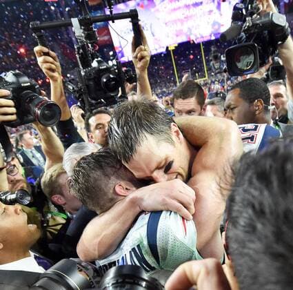 Feb 1, 2015 - Glendale, Arizona, U.S. - Quarterback TOM BRADY celebrates with teammate Julian Edelman, who caught the go ahead touchdown to win Super Bowl XLIV for the fourth time in franchise history. with a 28-24 victory over the Seattle Seahawks at the University of Phoenix Stadium. NFL American Football Herren USA 2015 - Patriots Win Super Bowl XLIX - ZUMAm67_