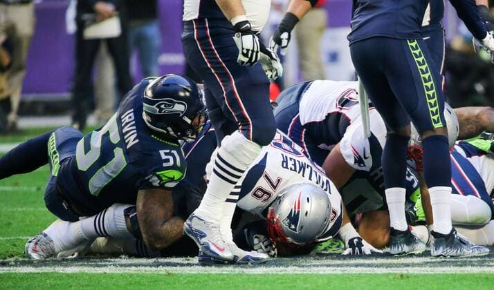 Feb 1, 2015 - Glendale, Arizona, U.S. - New England Patriots Tackle SEBASTIAN VOLLMER (76) makes a play against the Seattle Seahawks at Super Bowl XLIV, held at the University Of Phoenix Stadium. NFL American Football Herren USA 2015 - Patriots Win Super Bowl XLIX - ZUMAm67_