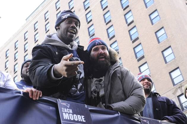 February 4, 2015 - Boston, Massachusetts, U.S. - New England Patriots defensive end Chandler Jones (95) (left) and defensive end Rob Ninkovich (50) celebrate during a parade held in Boston to celebrate the team s victory in Super Bowl XLIX. NFL American Football Herren USA 2015: Patriots Super Bowl Parade FEB 04 - ZUMAc04_